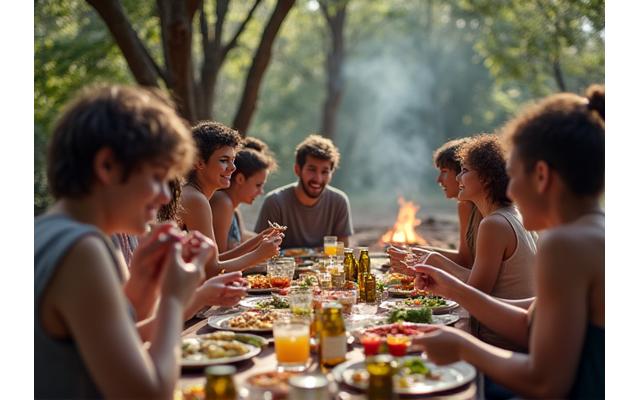 Group of people enjoying an outdoor bush tucker meal under the shade of trees
